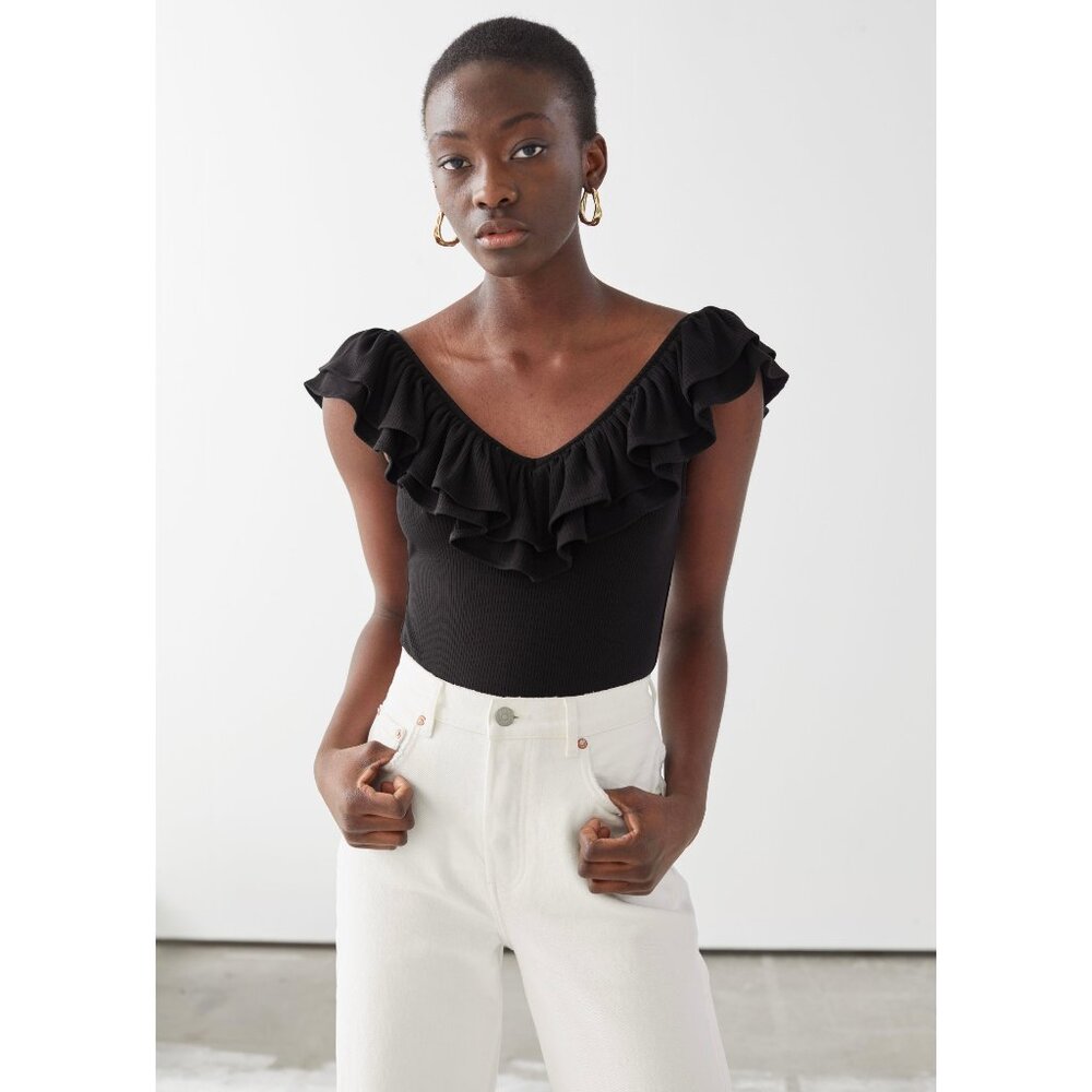 & OTHER STORIES Stretchy Ribbed V-Neck Sleeveless Ruffled Bodysuit (Black, XS)
